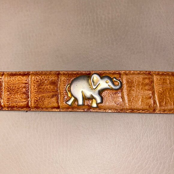 Leather Belt Tan Camel Brown 34 Small Vintage Animal Elephant Lion Metal Accent - Picture 3 of 13